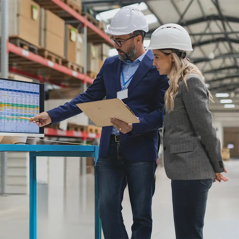 Dos profesionales con cascos de seguridad revisando datos en un almacén logístico. Analizan información en una pantalla, reflejando control de inventario y eficiencia en la cadena de suministro
