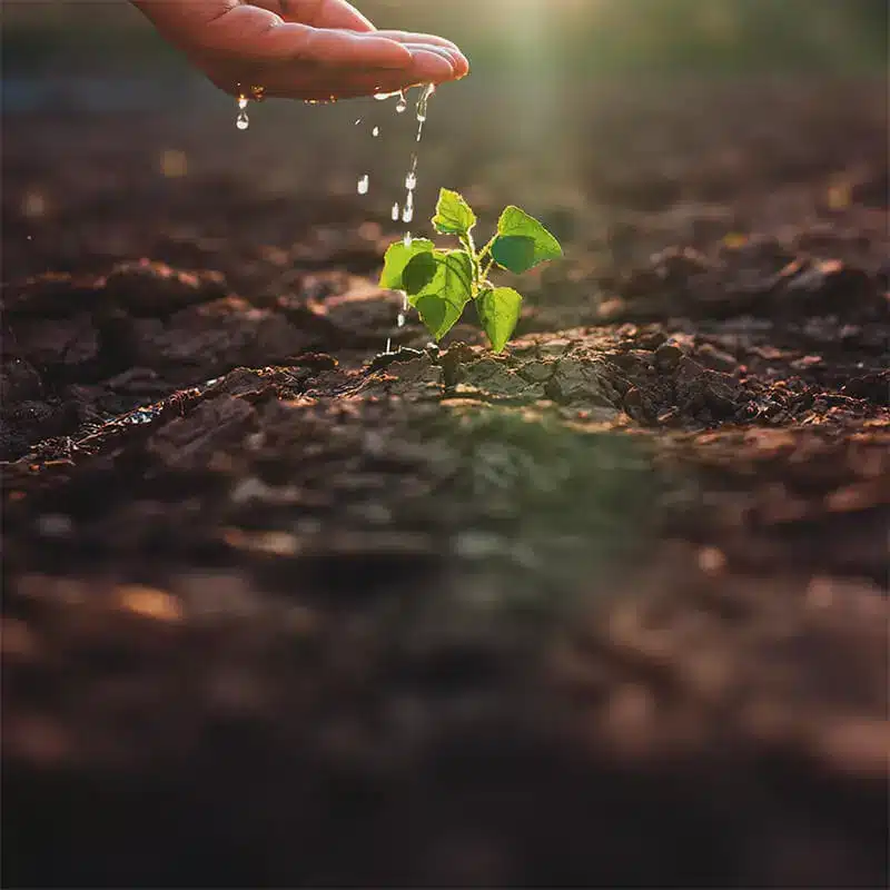 Primer plano de una mano regando una planta joven en tierra seca, con luz natural de fondo. Representa el crecimiento, la sostenibilidad y el cuidado del medio ambiente.