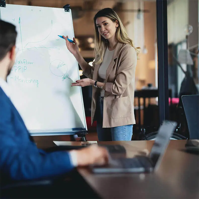 Mujer explicando un gráfico en una pizarra blanca durante una presentación en la oficina. Su audiencia, formada por compañeros de trabajo, sigue la exposición con atención. Conceptos clave: estrategia, negocios y planificación