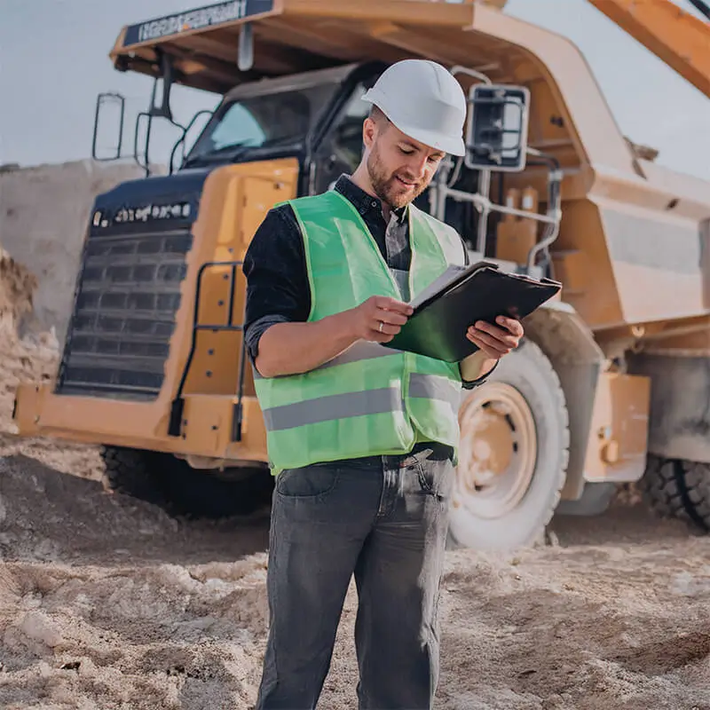 Ingeniero en una obra de construcción revisando documentos con un camión de fondo. Viste chaleco reflectante y casco de seguridad, destacando seguridad laboral y supervisión de proyectos.